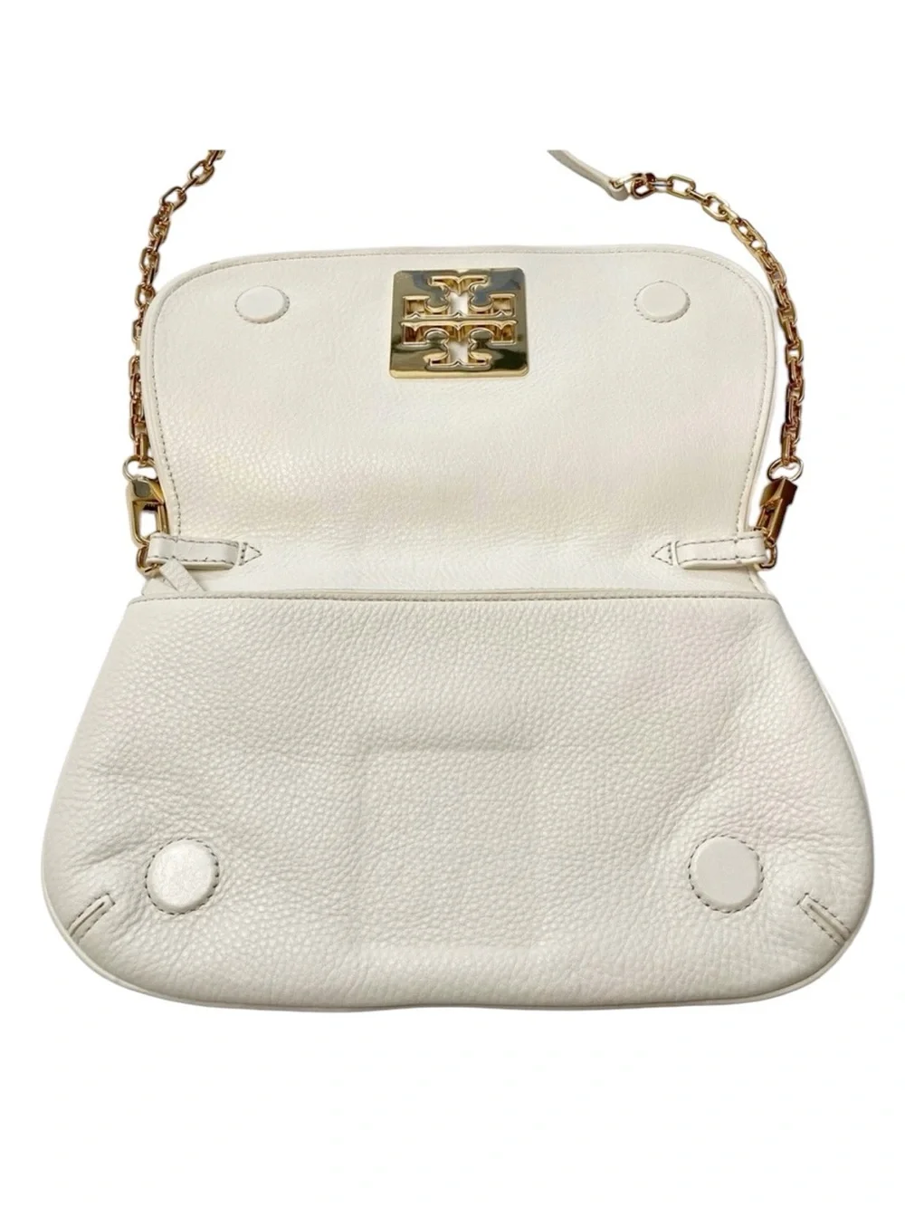 Tory Burch off white/lt Cream Pebbled Leather Crossbody with Gold Logo Chain